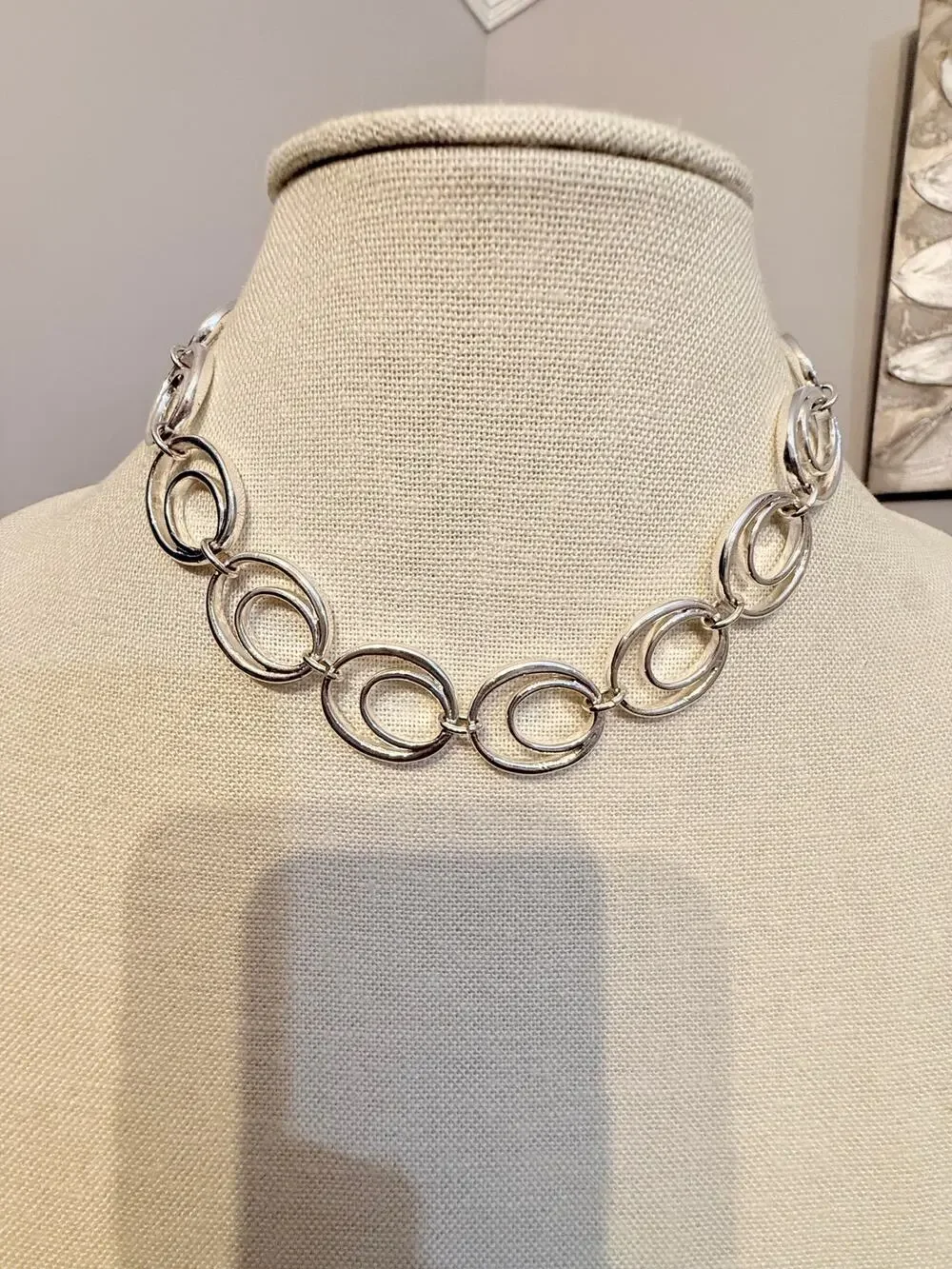 Vintage Silver Tone Double Oval Link Choker Necklace